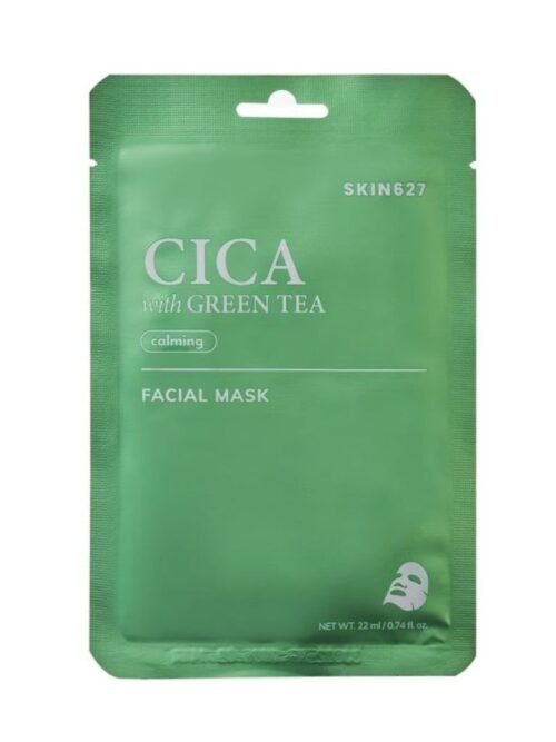 SKIN627 raminamoji lakštinė veido kaukė su cica ir žaliąja arbata, 22ml